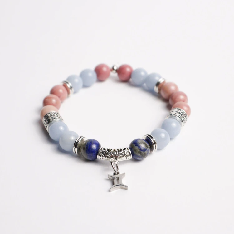 BLIŹNIĘTA bransoletka znaku zodiaku z angelitu, rodonitu i lapis lazuli, kamienie naturalne CUD Nibiru