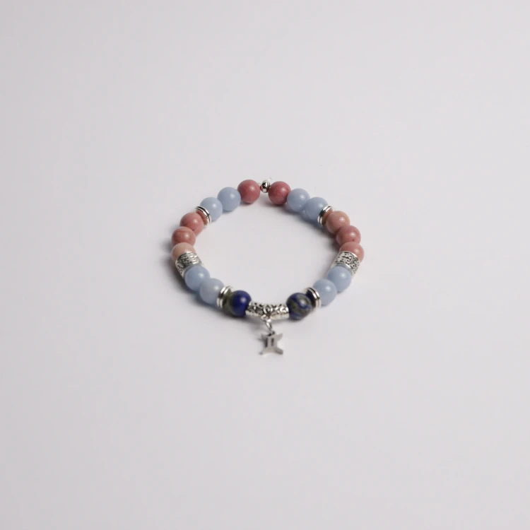 BLIŹNIĘTA bransoletka znaku zodiaku z angelitu, rodonitu i lapis lazuli, kamienie naturalne CUD Nibiru